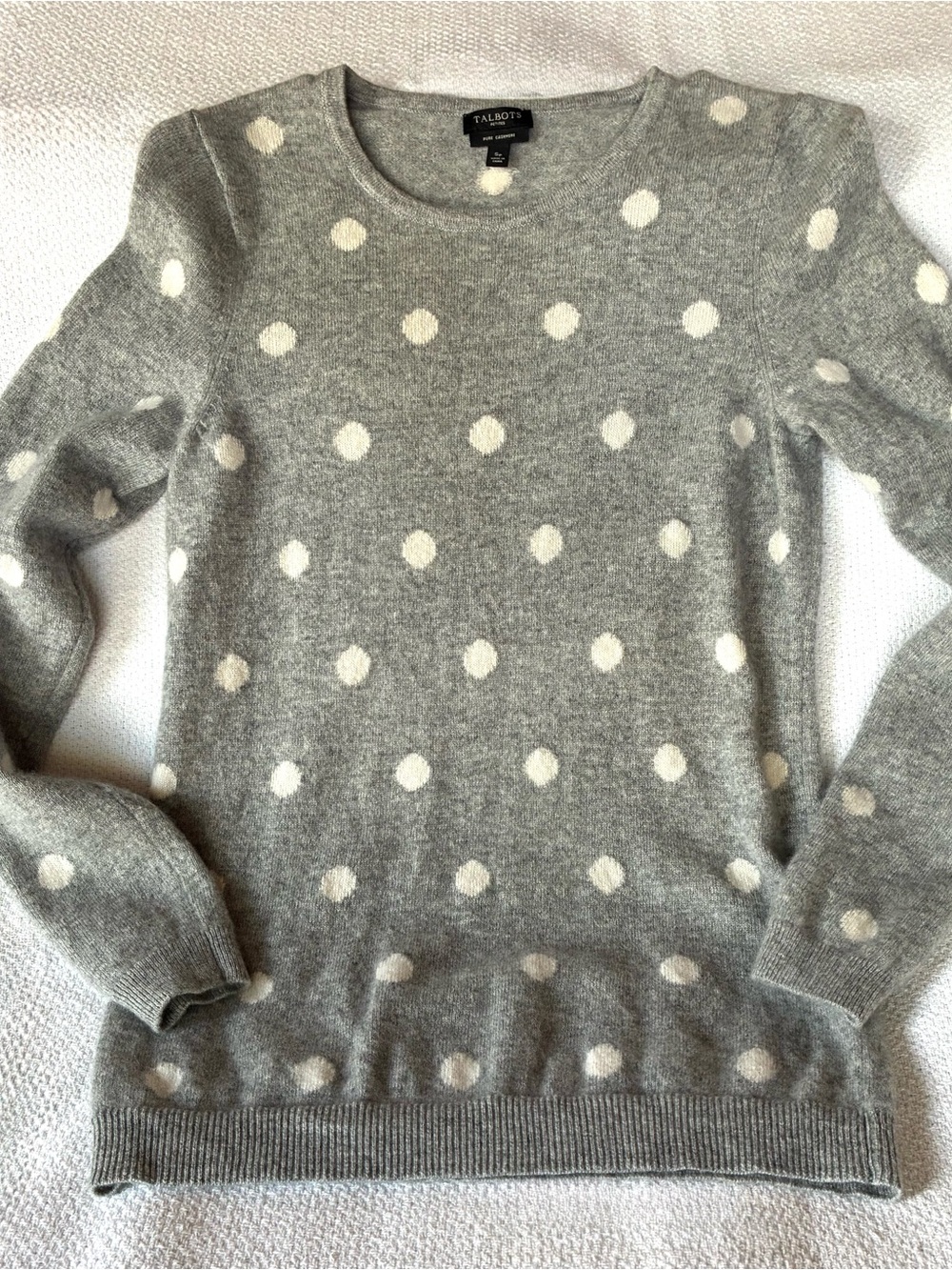 Talbots 100% Cashmere Gray Crewneck Sweater with Ivory Polka Dots